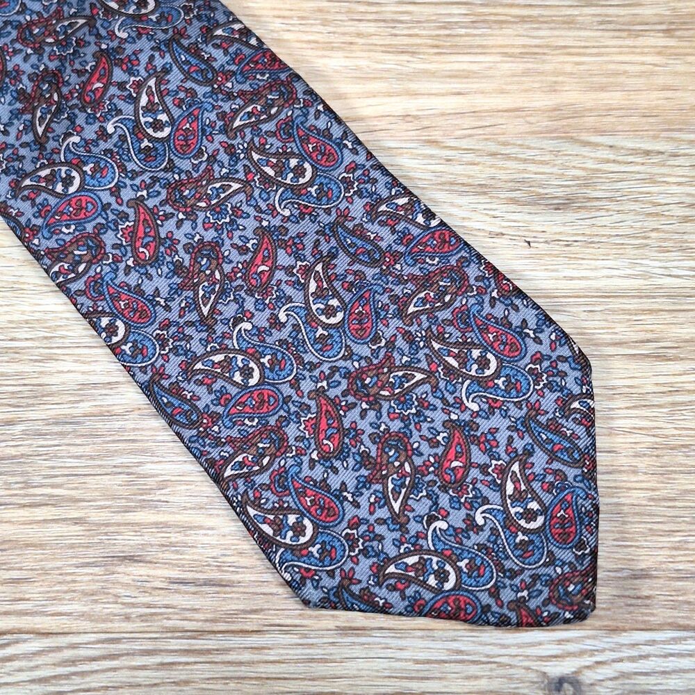 Hardy Amies London Vintage Gray Red Blue Paisley Silk Tie Necktie Mens Designer